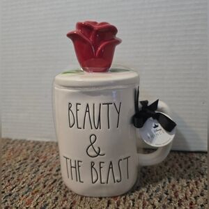 Rae Dunn White Beauty & The Beast Coffee Mug w/ Red Rose Lid Disney Princess NWT